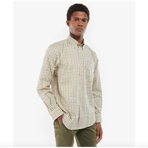 Barbour Mens Tattersall Plaid Button Down Shirt Cream Navy Green Large